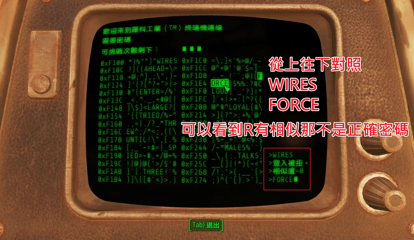 異塵餘生4-終端機-比對WIRES與FORCE示例