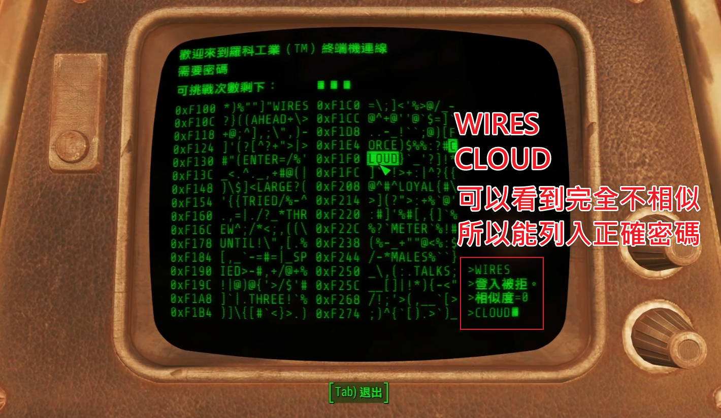 異塵餘生4-終端機-候選密碼CLOUD示例