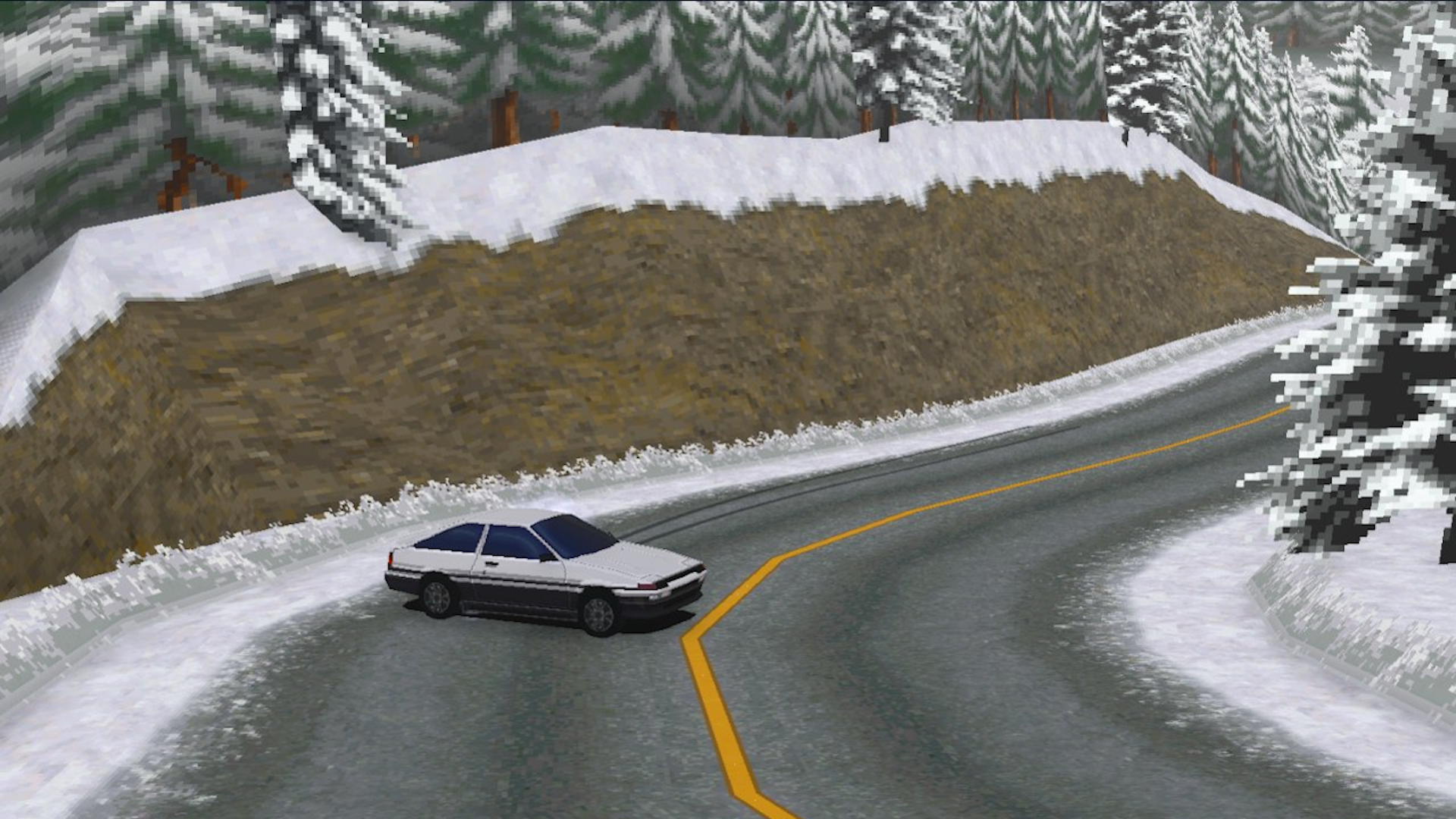 飄移山峰 Driftline Peaks 雪地場景，白色復古跑車在松樹覆蓋的雪地山道行駛