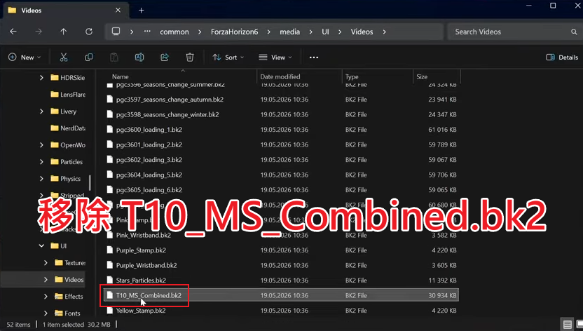 FH6 Videos資料夾內找到T10_MS_Combined.bk2並刪除或重新命名