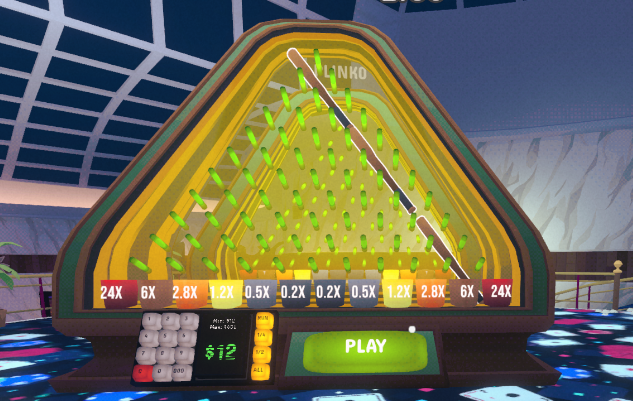 Plinko 彈珠台正面視角,底部顯示各區倍率從 0.2x 到 24x,下注金額 $12