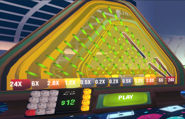 Plinko 台俯角視角,顯示球釘排列與分區倍率分佈