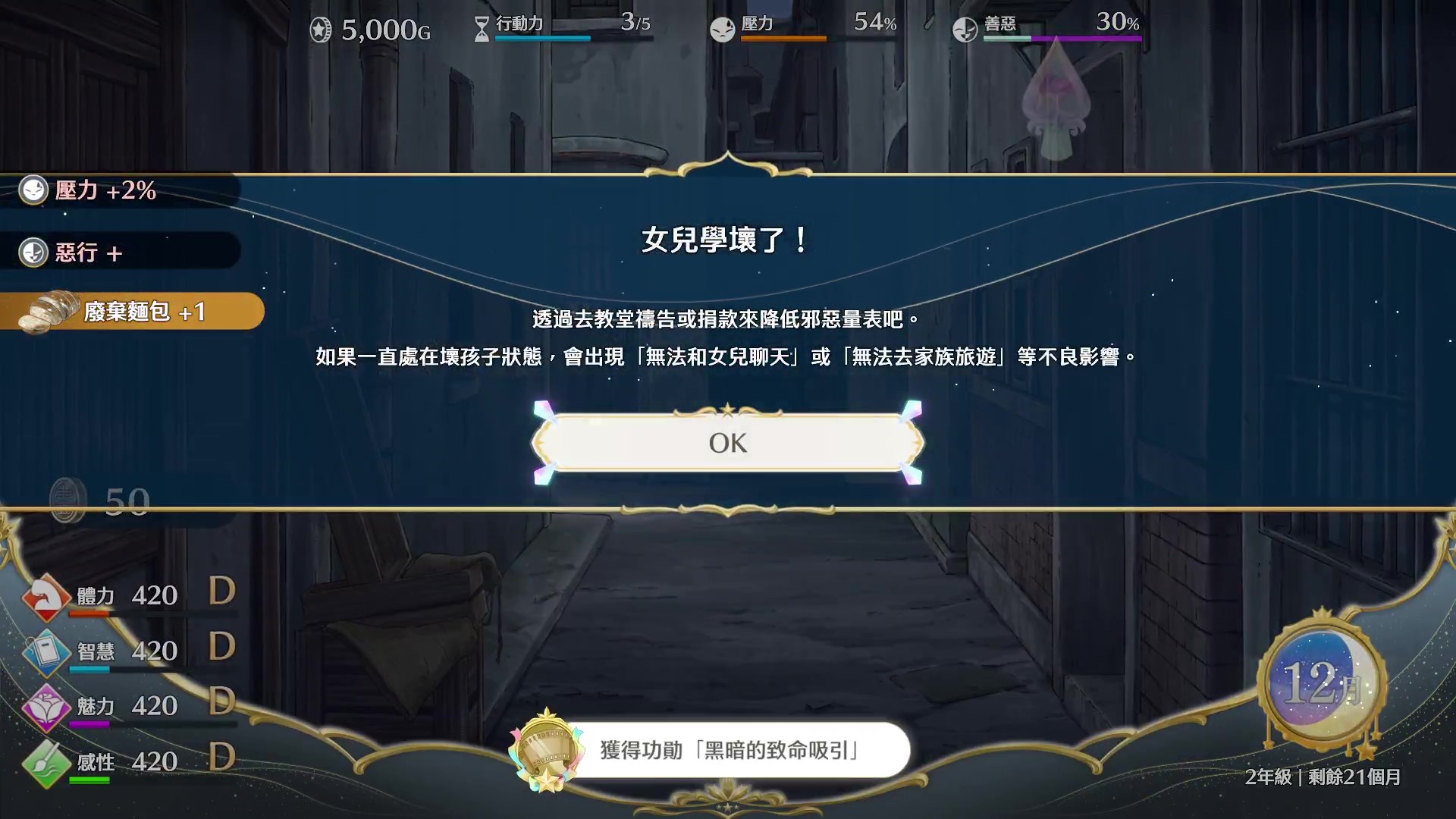 夢幻魔法公主-善惡值警告提示-女兒學壞後無法聊天與家族旅遊的負面影響說明