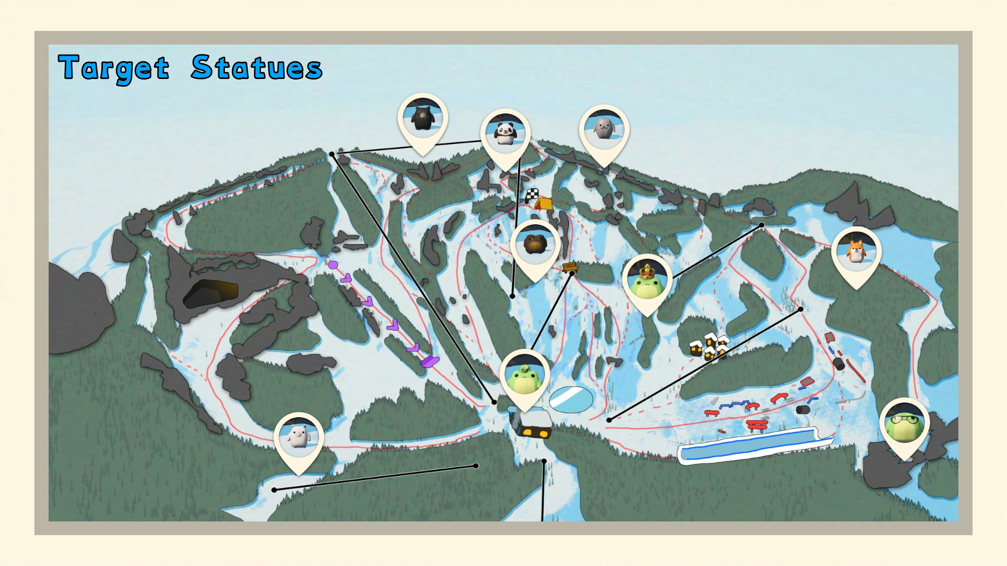 Sledding Game 標靶雕像地圖總覽，圖中以圖標標示所有動物雕像的位置