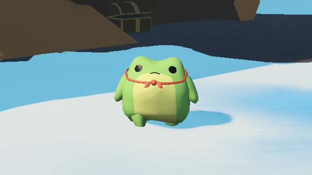 Sledding Game 披風外觀，青蛙角色頸部繫著紅色細繩披風