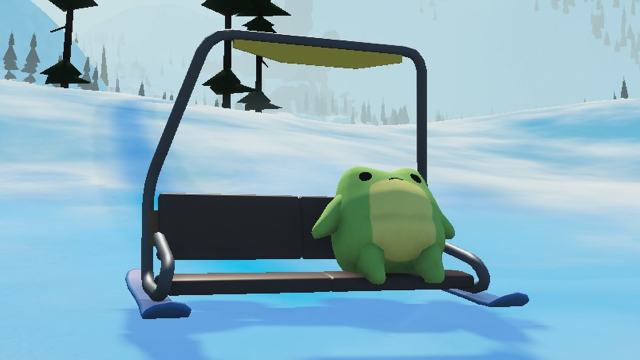 Sledding Game 纜車椅雪橇外觀，青蛙角色坐在金屬纜車椅上滑行