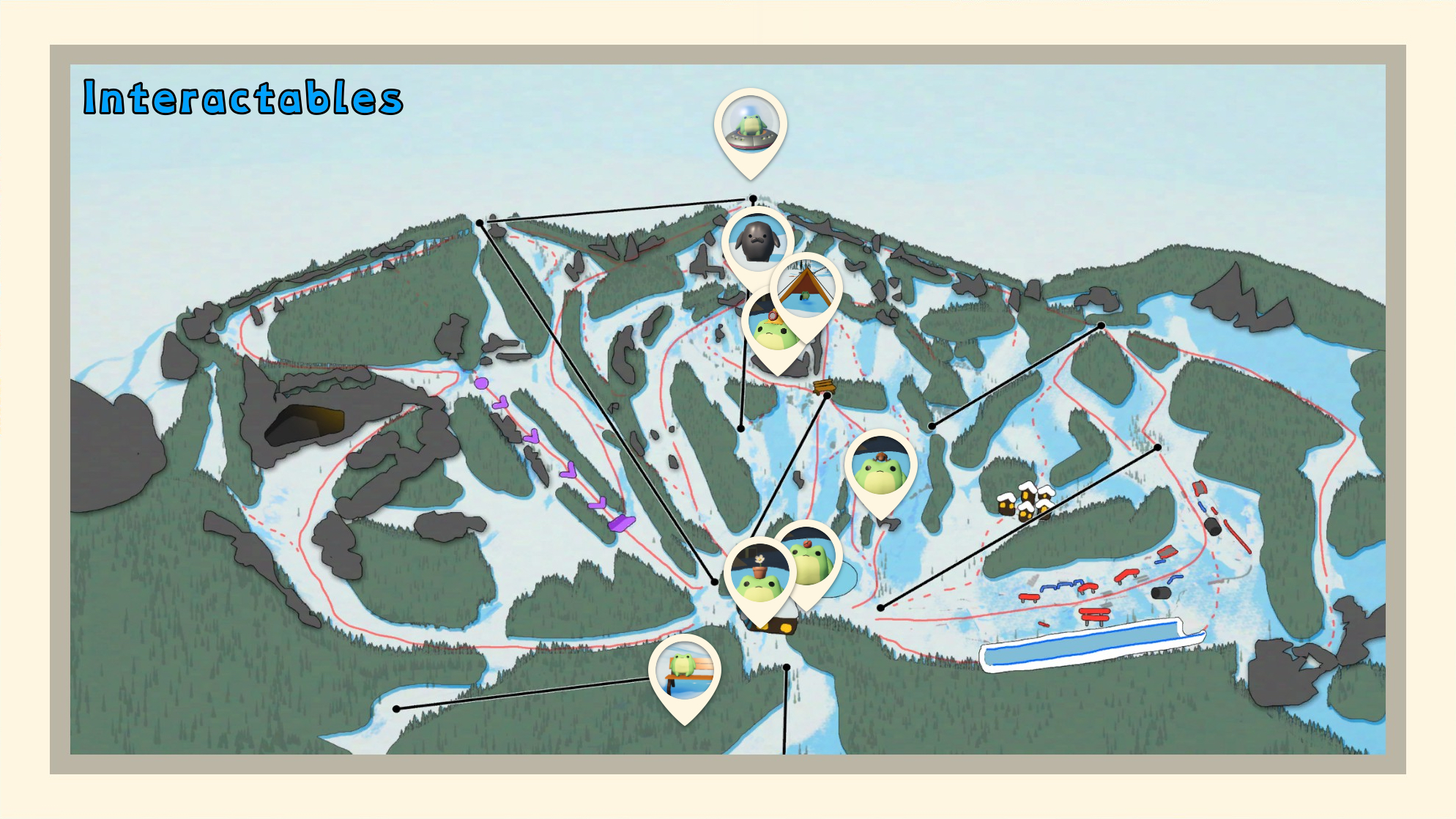Sledding Game 互動物件地圖總覽，圖中標示所有可互動隱藏物件的位置分布