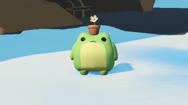 Sledding Game 花盆帽外觀，青蛙角色頭頂著一盆種著小花的花盆