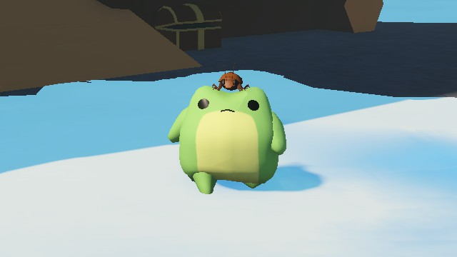 Sledding Game 蟑螂帽外觀，青蛙角色頭頂著一隻棕色蟑螂