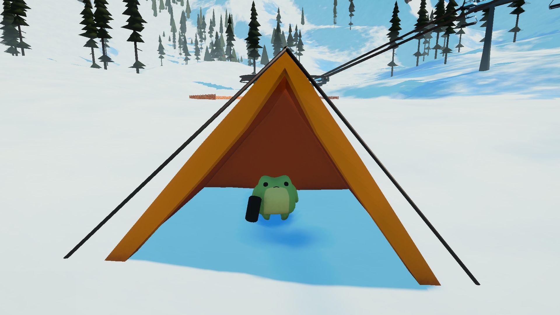 Sledding Game 帳篷道具場景，青蛙角色站在雪山上的黃色帳篷內