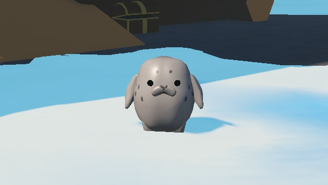 Sledding Game 淺色海豹外觀皮膚，灰色斑點海豹角色站在雪地上