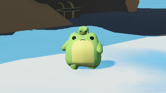 Sledding Game 小青蛙帽外觀，青蛙角色頭頂著一隻小青蛙