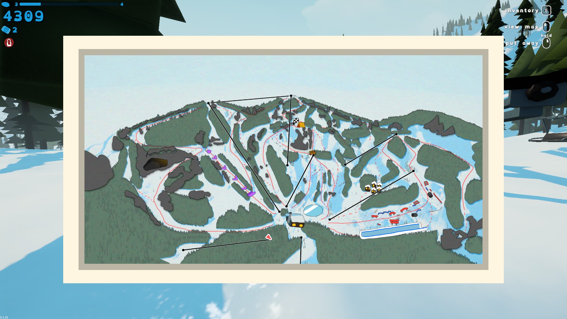 Sledding-Game-全地圖-纜車位置與雪山地形概覽，左下角可見纜車站起點