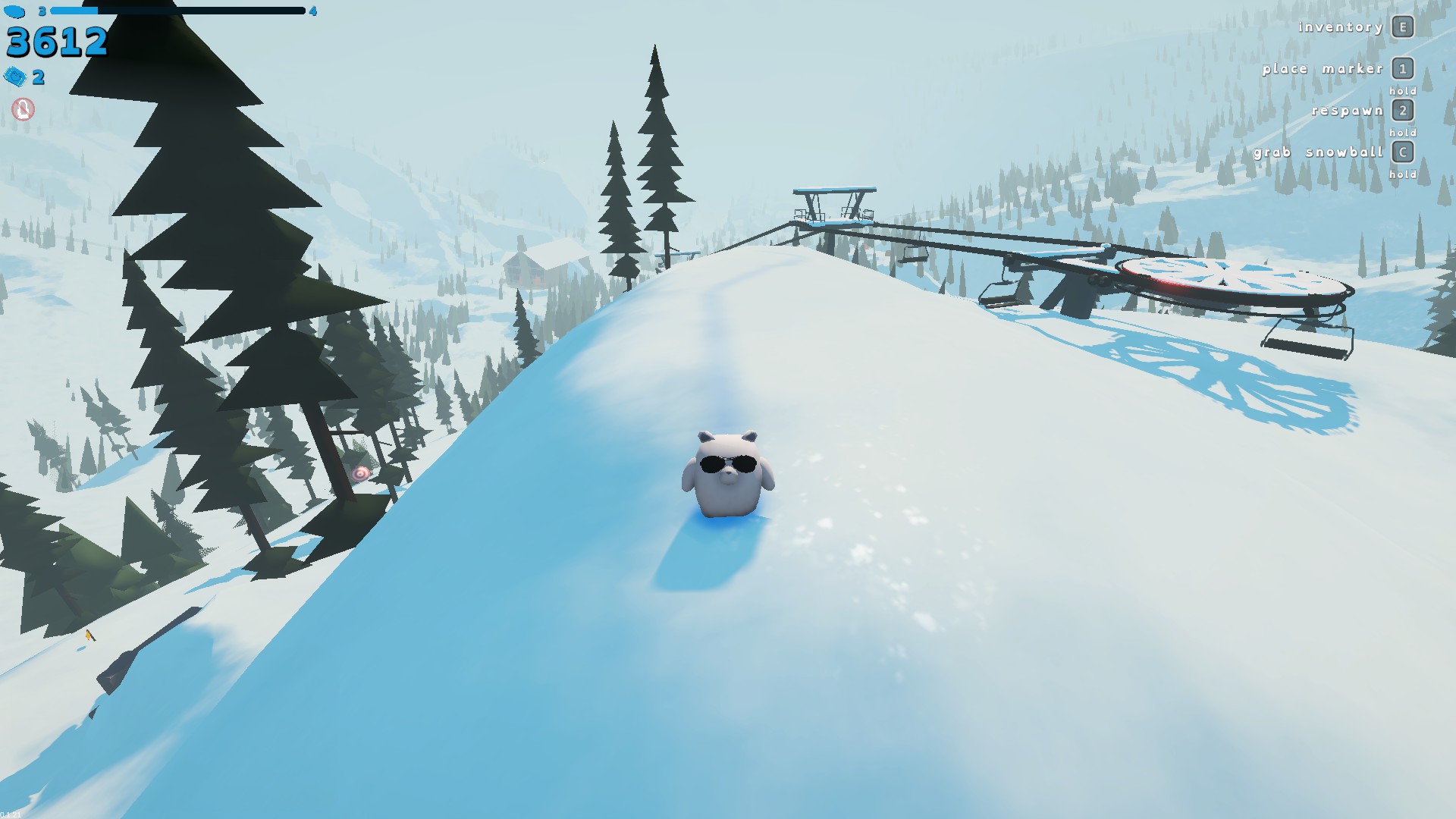Sledding-Game-山坡纜車-角色在纜車坡道滑行前往山頂，背景可見纜車設施