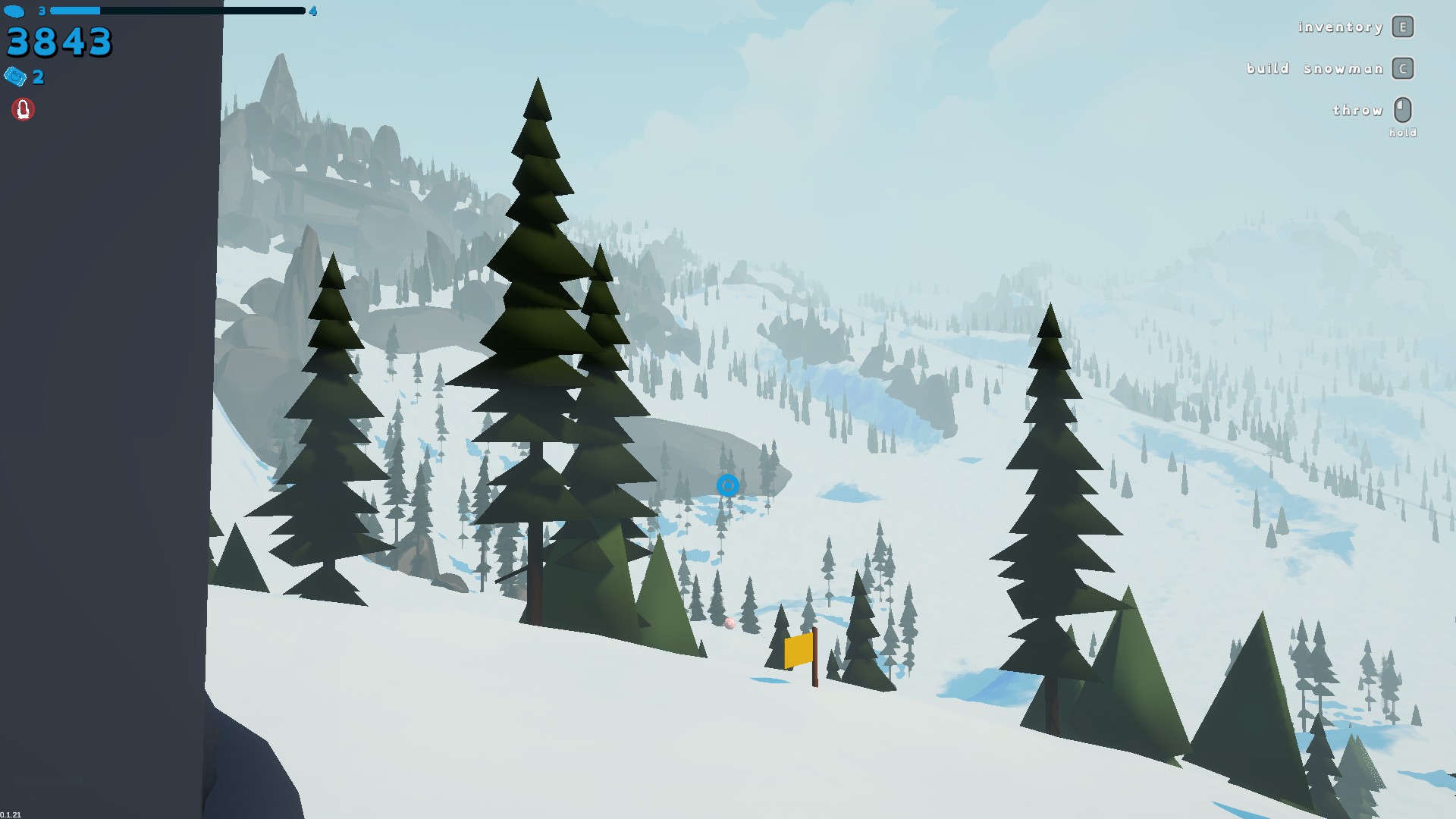 Sledding-Game-雪山坡道-第一靶所在的雪地場景，遠處可見藍色標記圓圈與黃旗