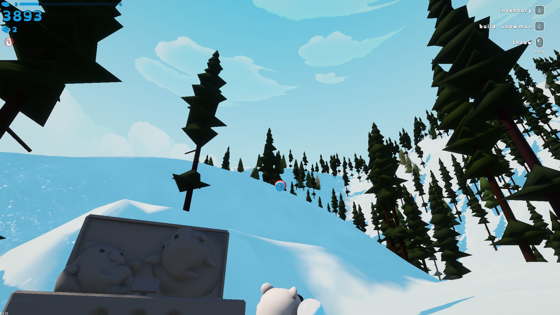 Sledding-Game-石雕旁-角色面對遠方第三靶準備射擊，石雕附近可見熊形雕刻