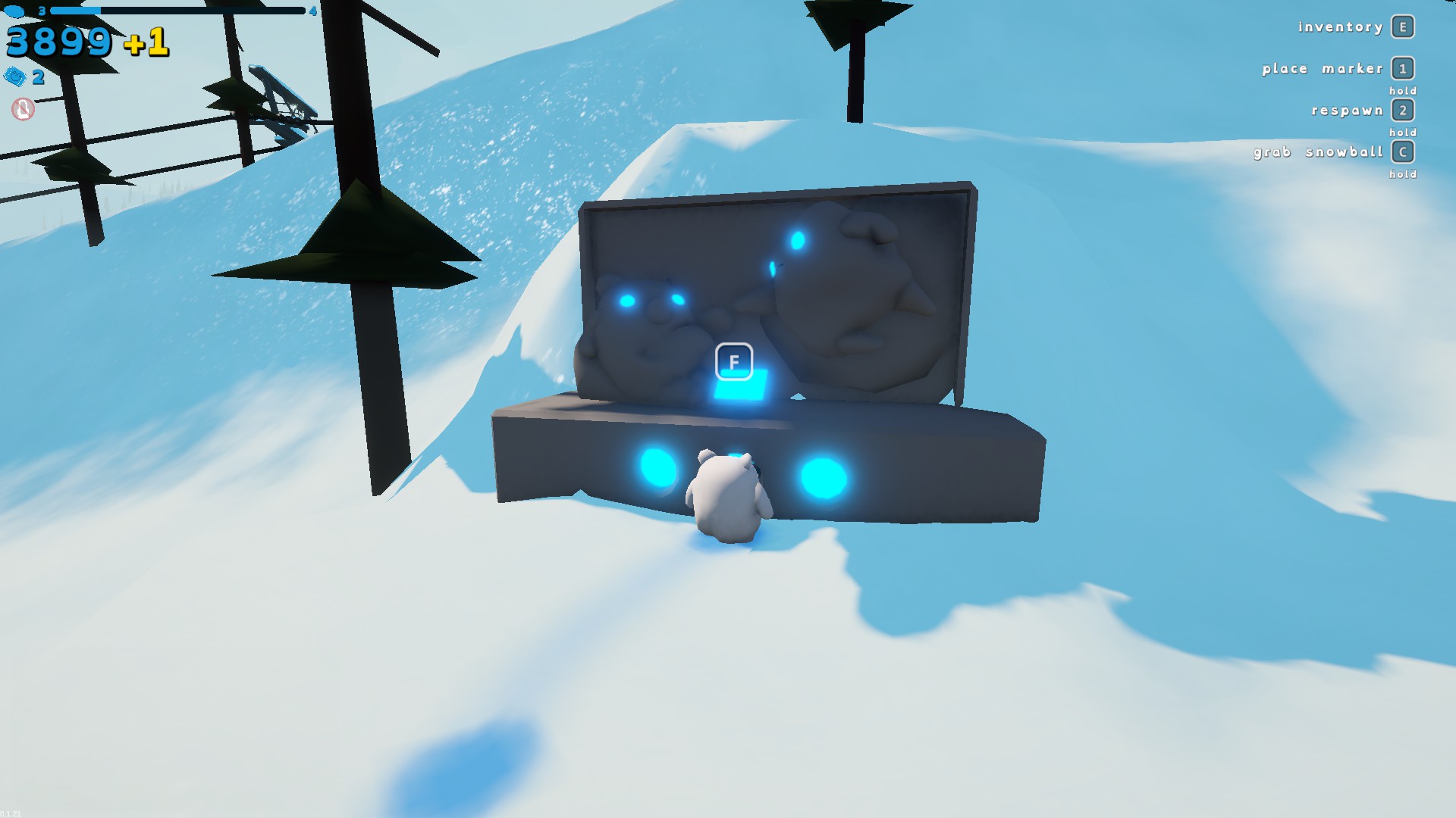 Sledding-Game-石雕-三靶全中後石雕亮起藍光，顯示F鍵互動提示等待解鎖北極熊角色