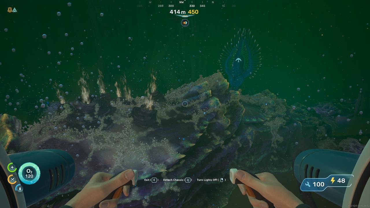 Subnautica 2 玩家駕駛蝌蚪號在 414 公尺深水中前往天使櫛位置
