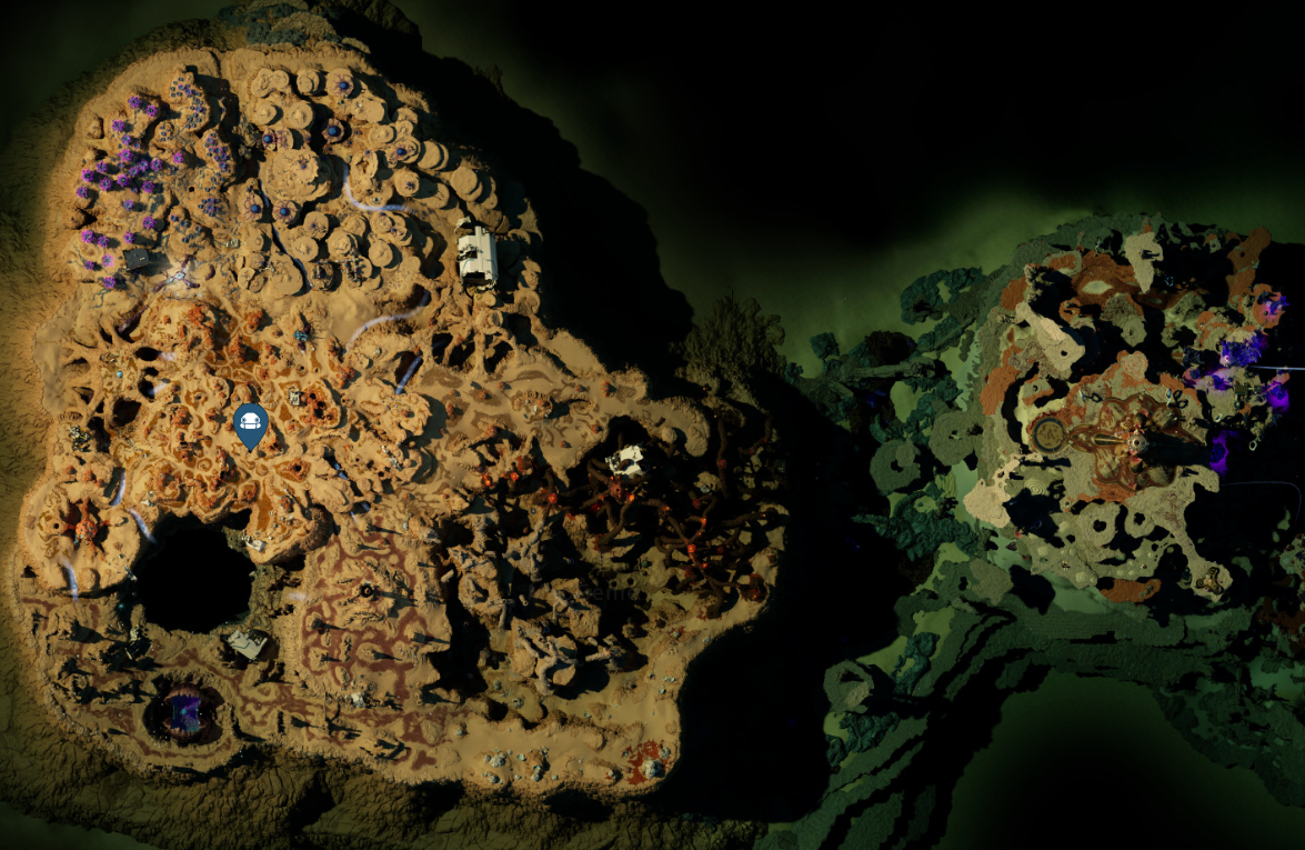 Subnautica 2 世界地圖，顯示左側起始區域與右側後期區域，中間為深淵地帶