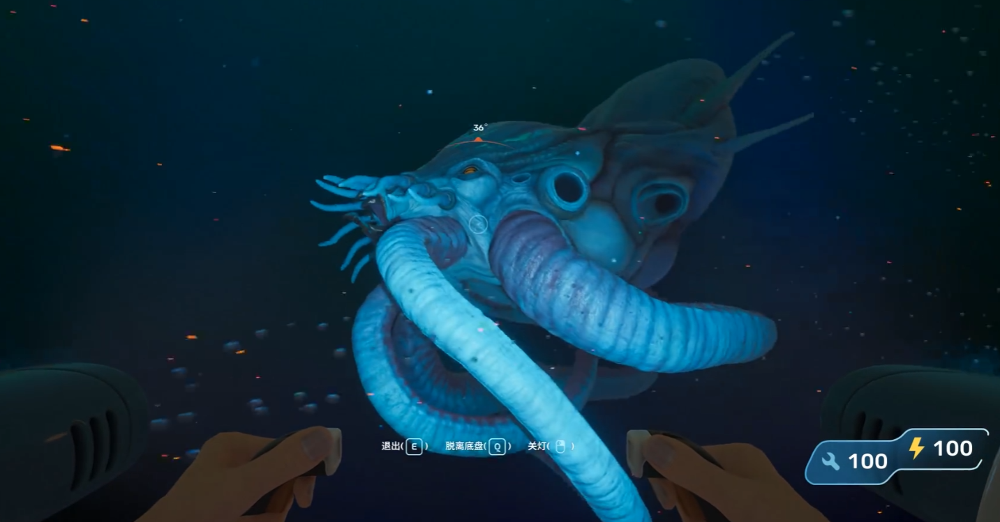 Subnautica 2 第一人稱視角，深淵巨觸利維坦的藍色觸手近距離抓住玩家的瞬間