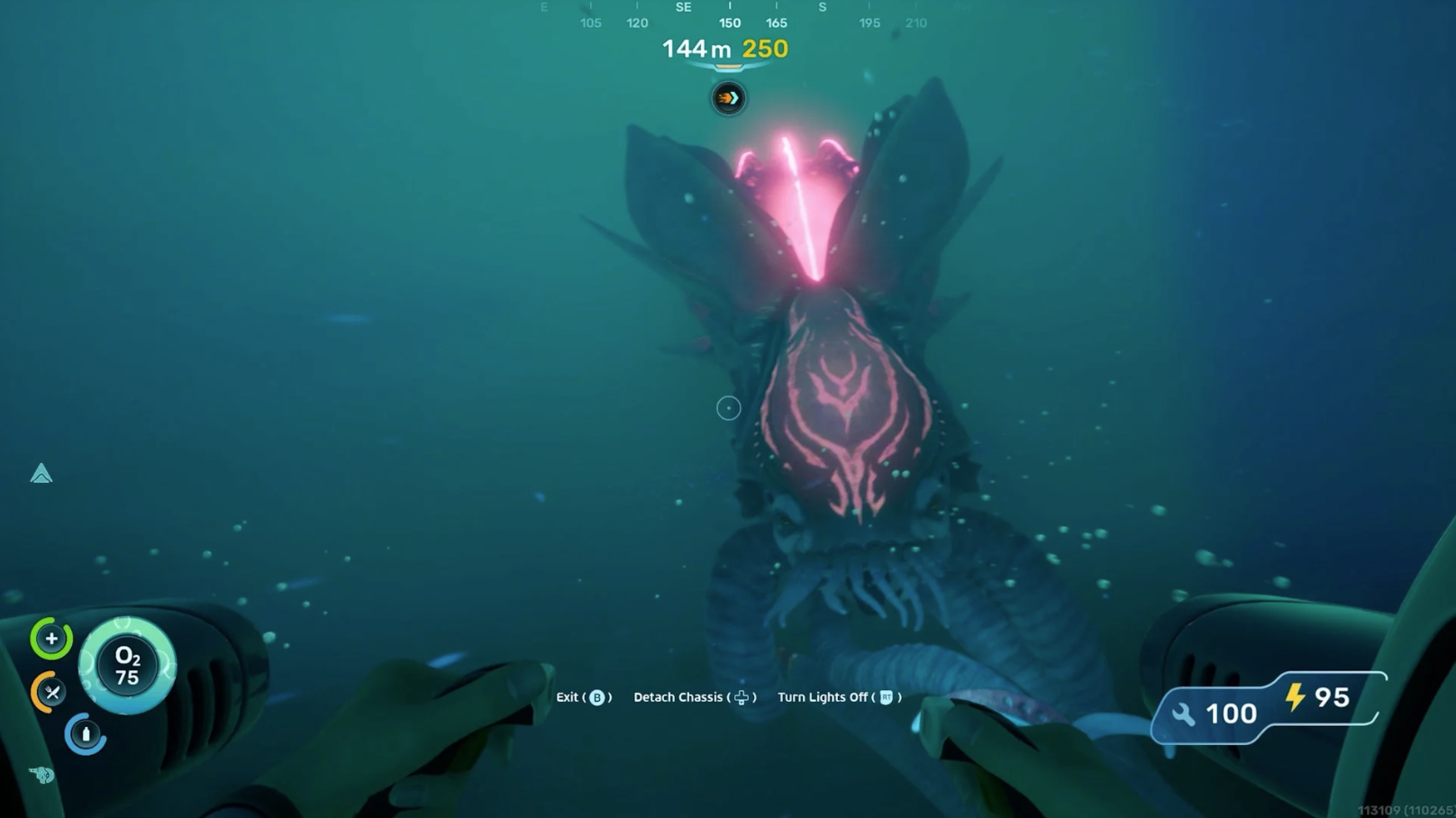 Subnautica 2 玩家乘坐蝌蚪號，正面遭遇發出紅色光芒的深淵巨觸利維坦