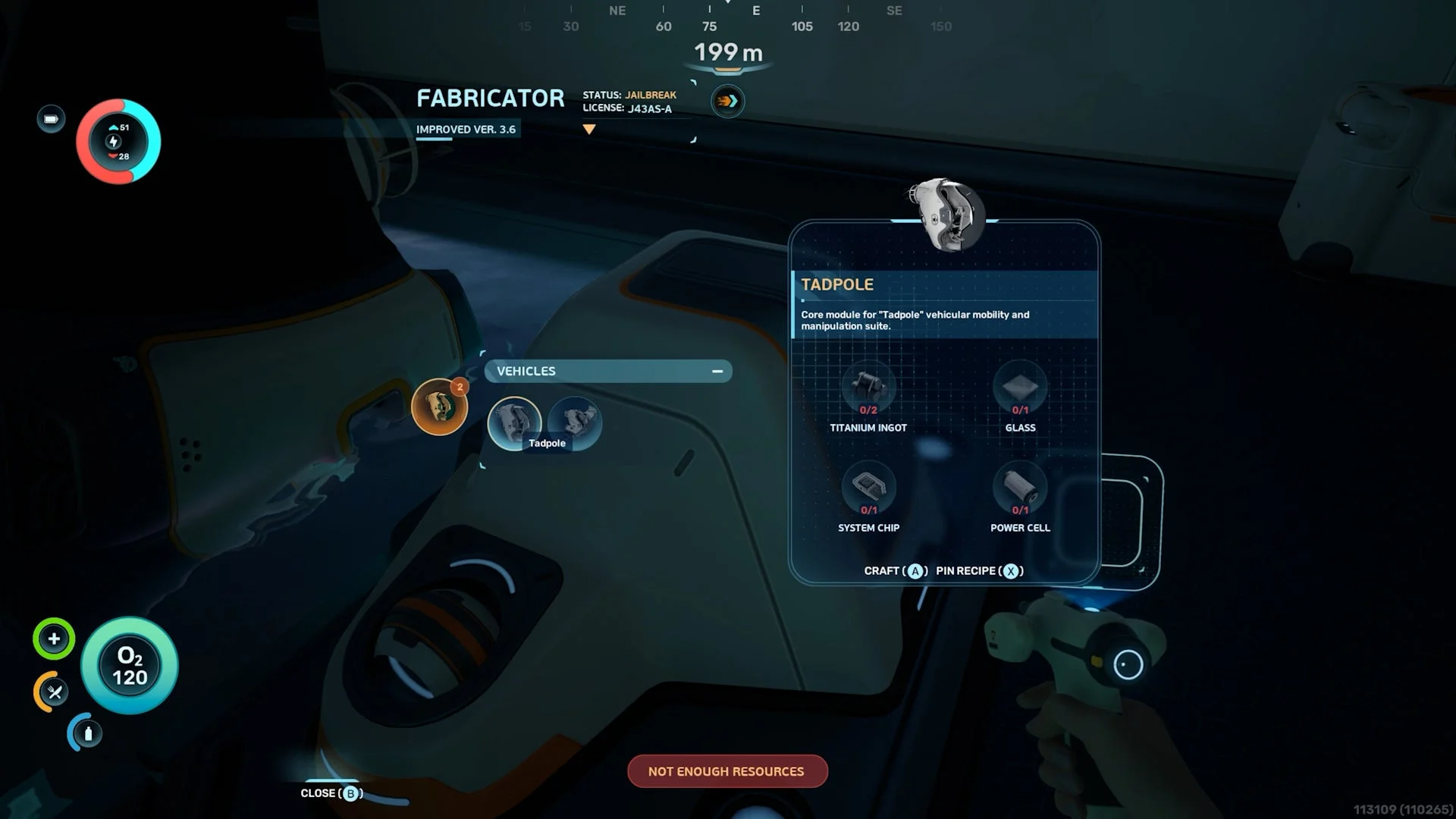Subnautica 2 載具製造機畫面，顯示蝌蚪號所需材料：鈦錠 x2、玻璃 x1、系統晶片 x1、電力電池 x1