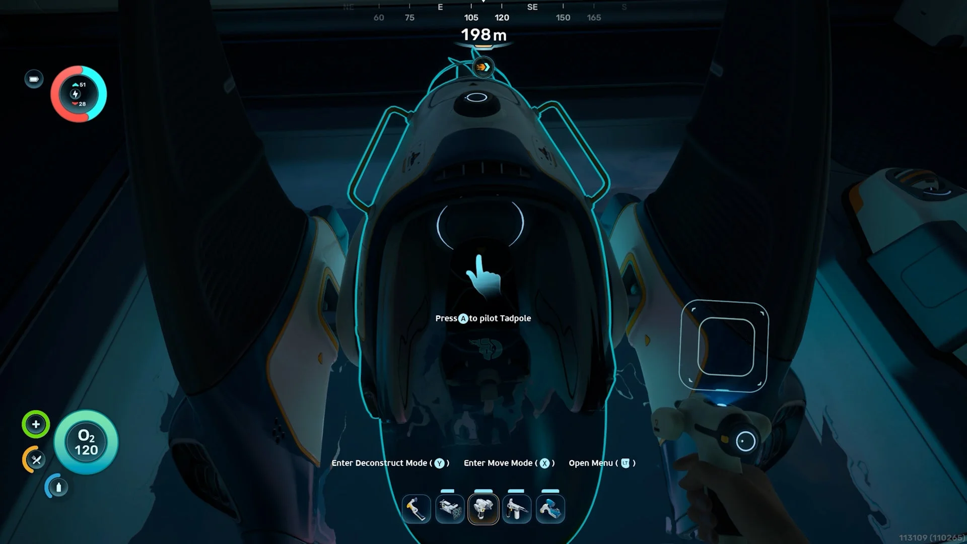 Subnautica 2 玩家靠近蝌蚪號，螢幕出現「按 A 駕駛蝌蚪號」的操作提示