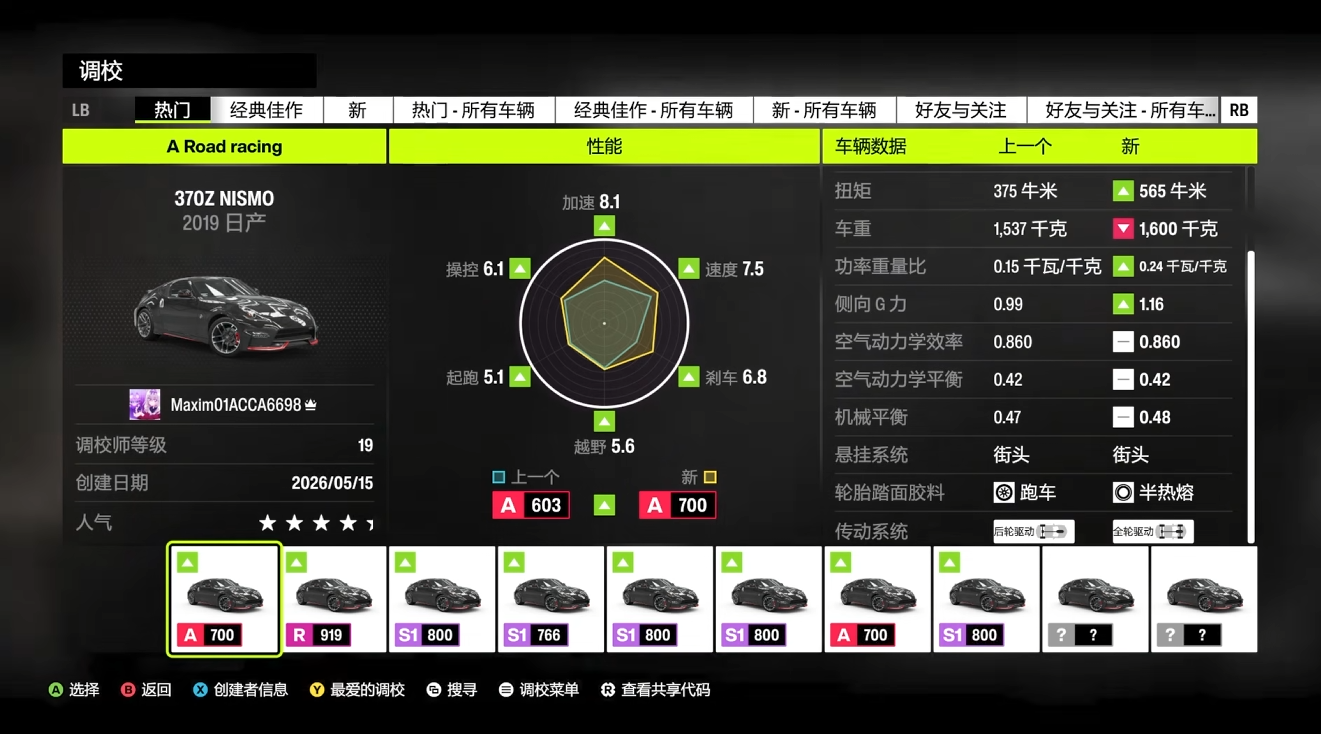 極限競速地平線6-370Z-NISMO-A700規格調校數據畫面