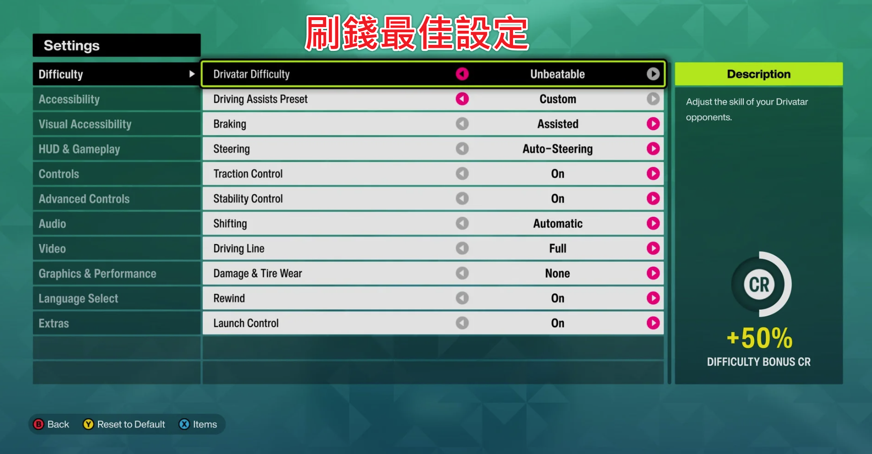 FH6-遊戲設定-刷錢最佳難度組合與+50%積分加成