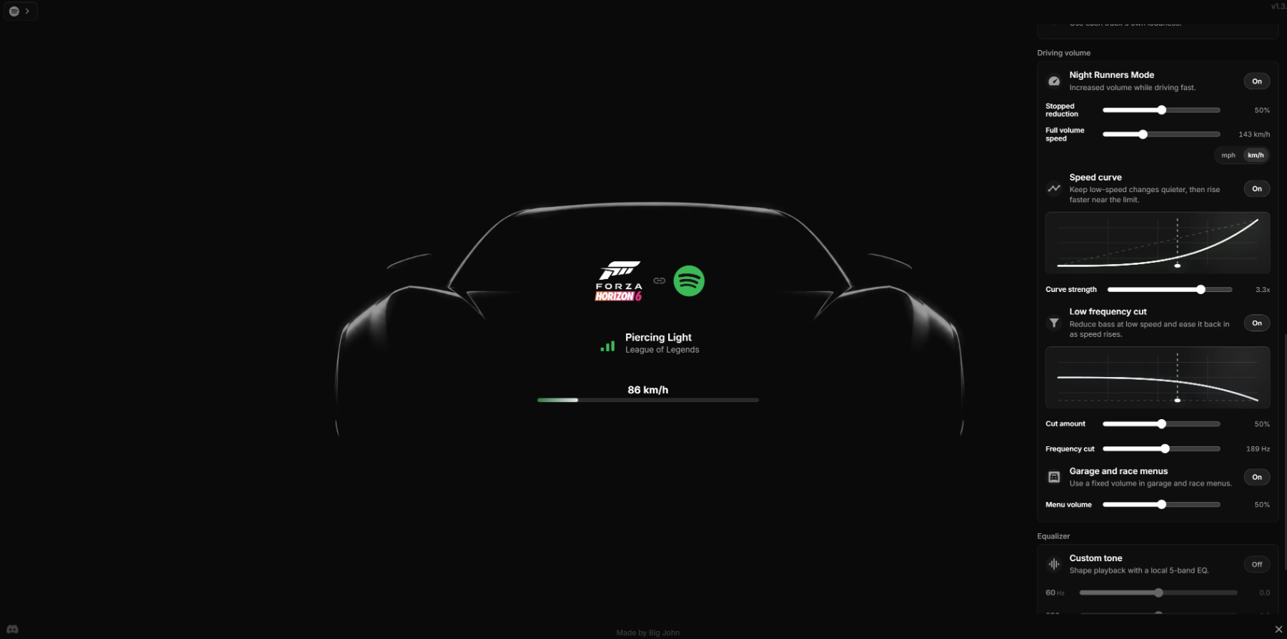 FH6 Spotify Radio 模組 Dashboard 介面，顯示 Night Runners 與均衡器設定