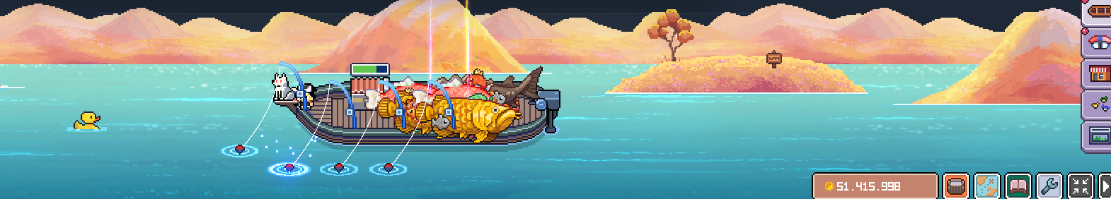悠哉釣魚漁船場景，船上滿載魚獲，水面有浮標加速釣魚的畫面
