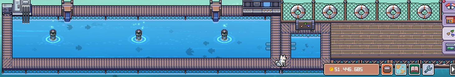 悠哉釣魚養殖場水池場景，水中有多個繁殖中的浮標與魚群的畫面