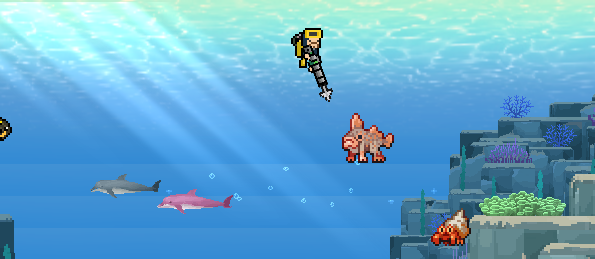 悠哉釣魚藍洞淺水區，戴夫旁出現粉色與灰色海豚的海豚一家成就畫面