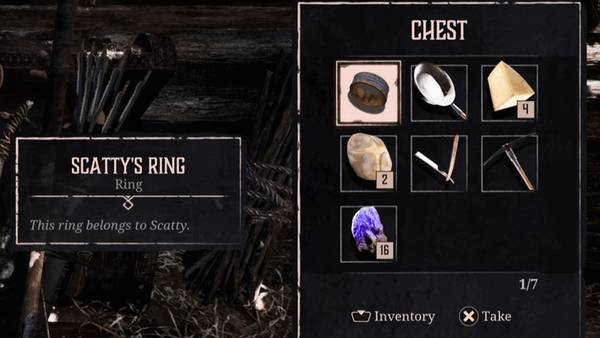 Gothic 1 Remake 斯卡蒂寶箱開啟，顯示斯卡蒂的戒指與箱內道具