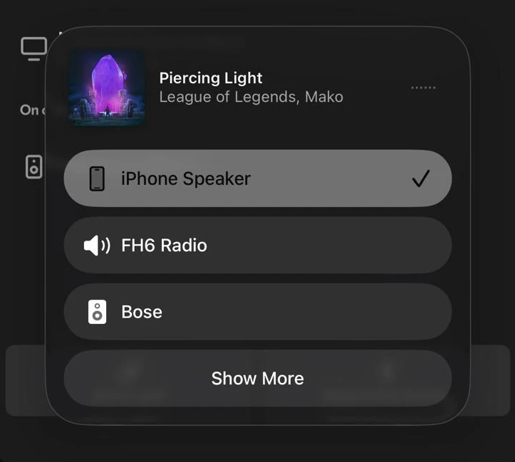 iPhone AirPlay 裝置選擇介面顯示 FH6 Radio 選項