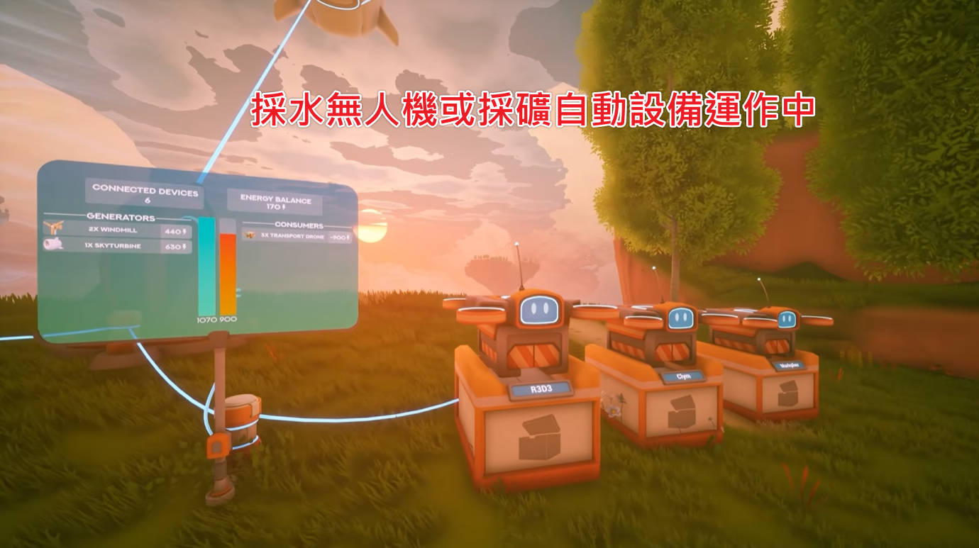 Solarpunk-自動化-運輸無人機電網顯示器日落場景