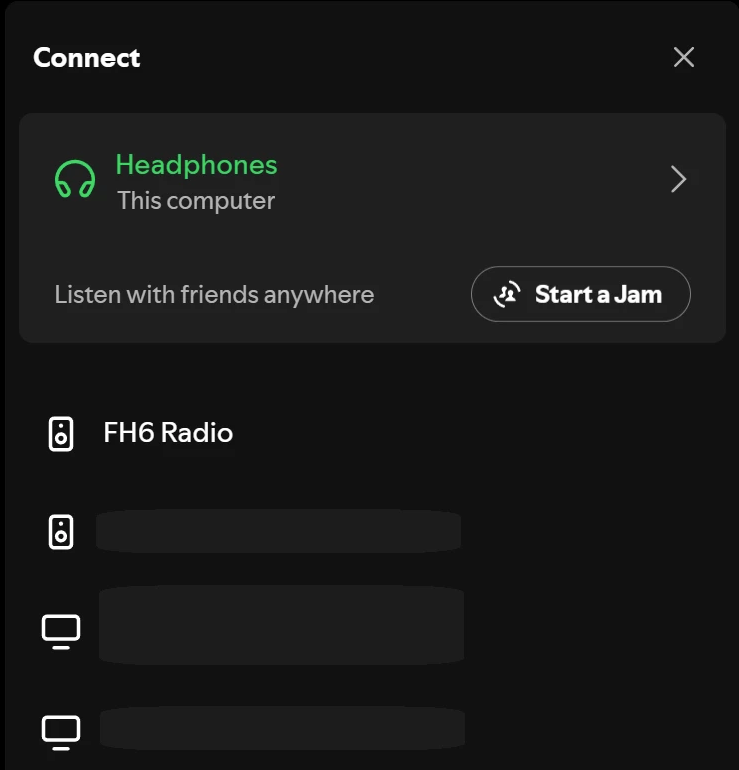Spotify 裝置選擇介面，顯示 FH6 Radio 裝置可供連線